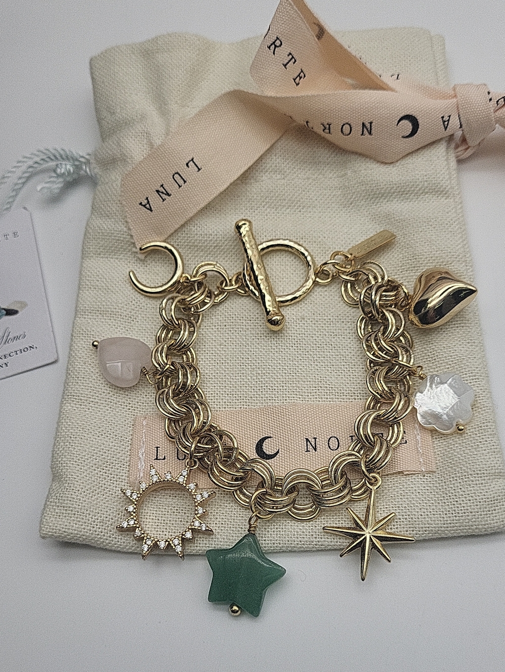 Luna Norte, Gold Charm Bracelet with Green, Pink and Cream Stone Charms